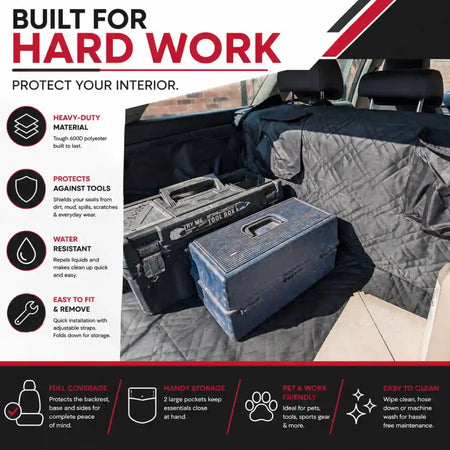Black heavy-duty car boot liner with quilted protection and storage pockets, easy to clean.