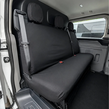 Van rear bench seat covers, dark gray fitted upholstery with headrest covers and straps