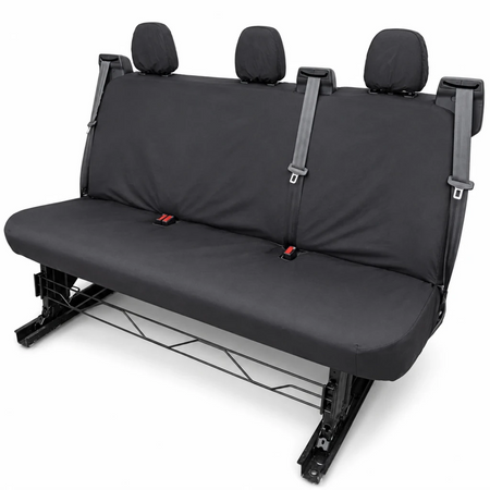 Van rear triple bench seat covers, dark gray with three headrest pads and mounting straps
