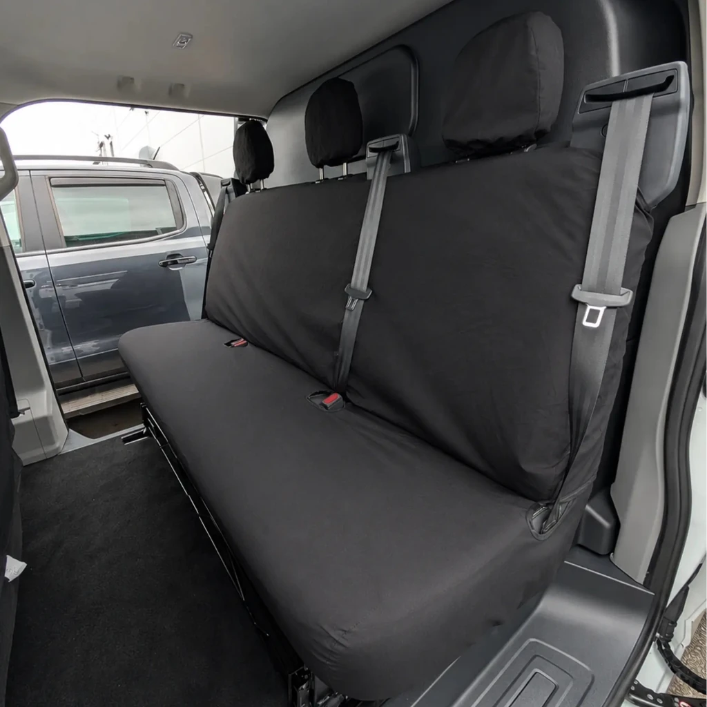 Van rear seat cover set in dark gray, fitted bench upholstery with headrest covers