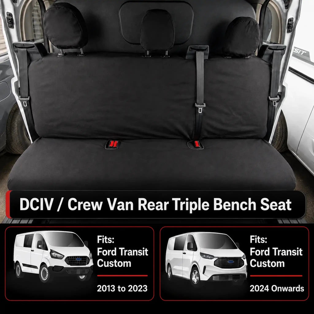 Van rear triple bench seat covers, dark gray with three headrest pads and center strap buckles