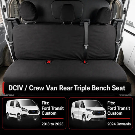 Van rear triple bench seat covers, dark gray with three headrest pads and center strap buckles