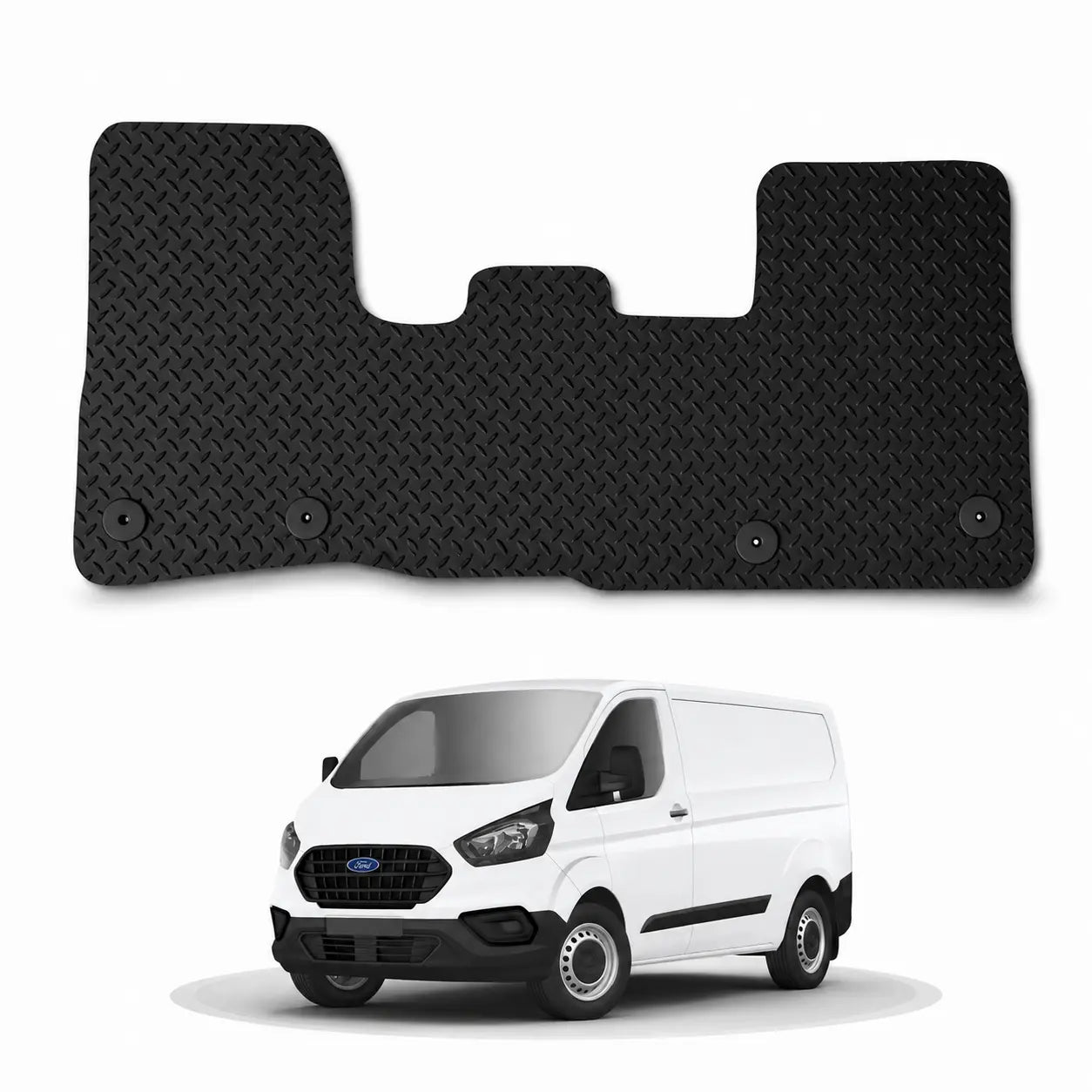 Black rubber van floor mat, textured diamond tread with anchoring holes