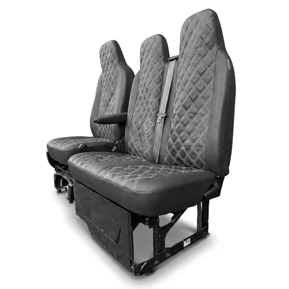 Black quilted car seat with black base on a white background