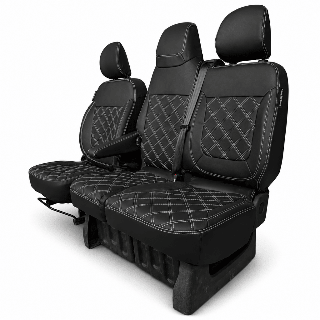 Leatherette seat cover set in dark gray with diamond quilt pattern and separate headrests