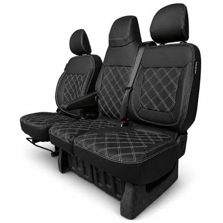 Leatherette seat cover set in dark gray with diamond quilt pattern and separate headrests
