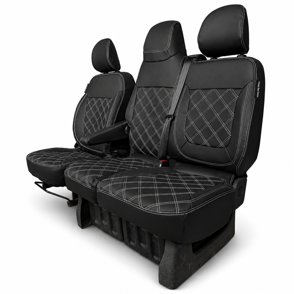 Black car seat covers with diamond pattern on a white background