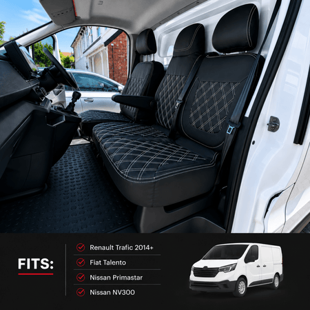 Leatherette seat covers on front seats in dark gray, diamond quilt pattern and stitched edges