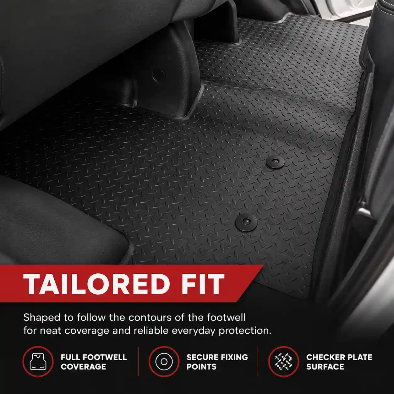 Black rubber floor mat set with raised diamond pattern and circular anchor points