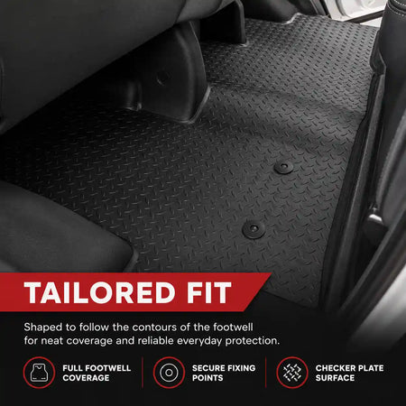 Black rubber floor mat set with raised diamond pattern and circular anchor points